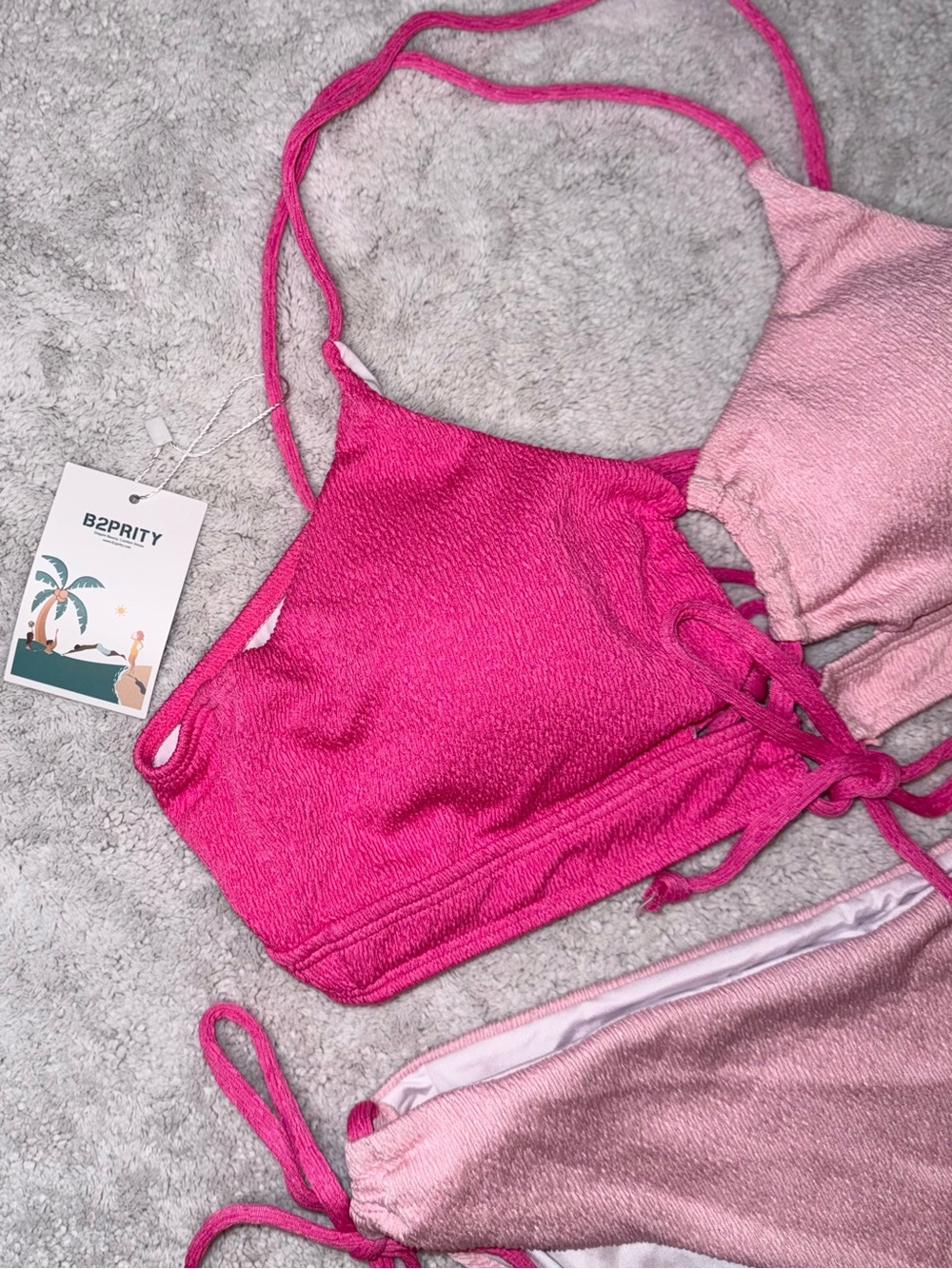 B2prity Two Tone Pink Bikini Set Textured Halter Tie Side Swimwear NWT - Picture 3 of 8